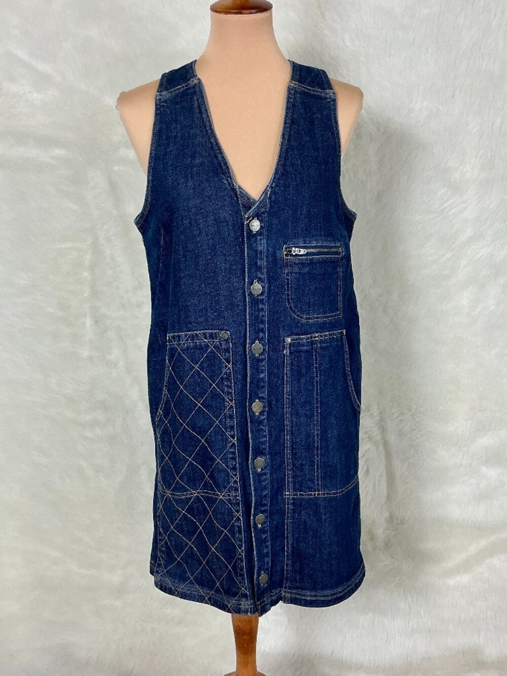 Pilcro Anthropologie Sleeveless Denim Quilted Stitch Pinafore Shift Mini Dress L